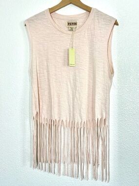 Pepin Tank Top Womens M Pink Crew Neck Sleeveless Fringe Hem 100% Cotton Jersey
